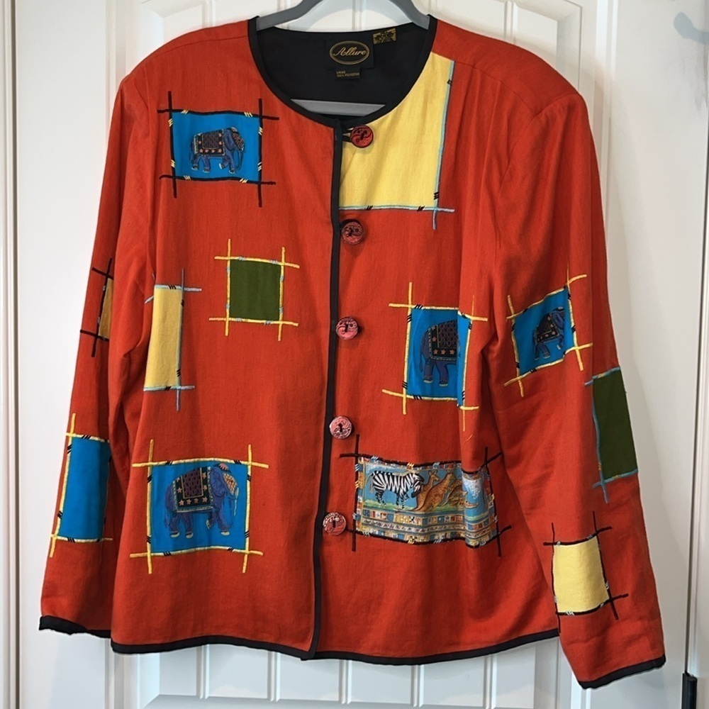 Red vintage blazer colorful patches with animals embroidery artsy boho size XL